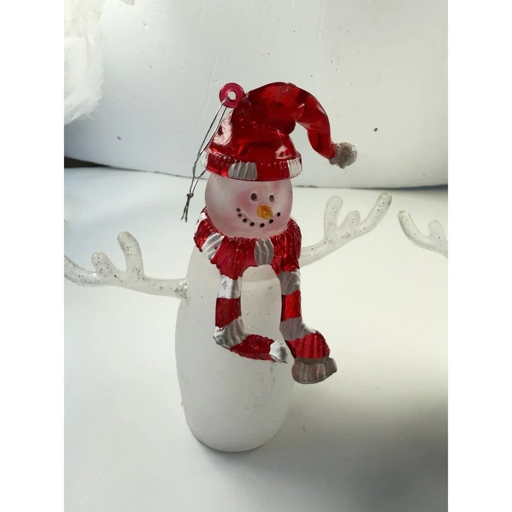 Vintage Frosted Glass Snowman Ornament Set Red Blue Hats Blown Glass Pair 4 ½”